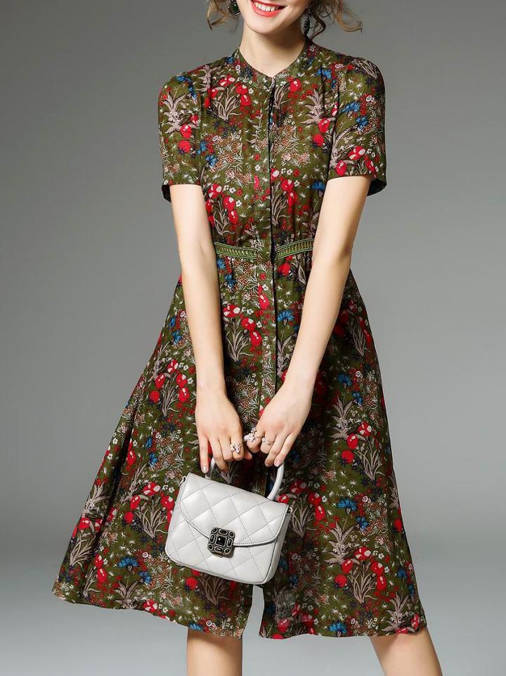 Romwe Green Crew Neck Pockets A-line Dress