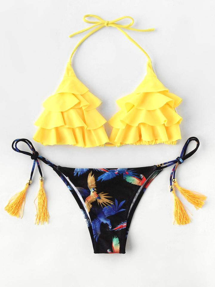 Romwe Bird Print Tassel Tie Flounce Bikini Set