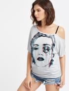Romwe Grey Asymmetric Cold Shoulder Pop Portrait Print T-shirt
