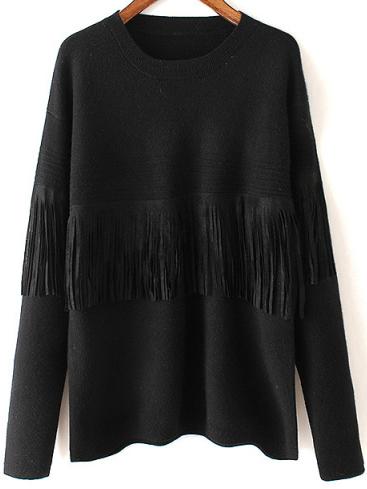 Romwe Crew Neck Fringe Black Sweater