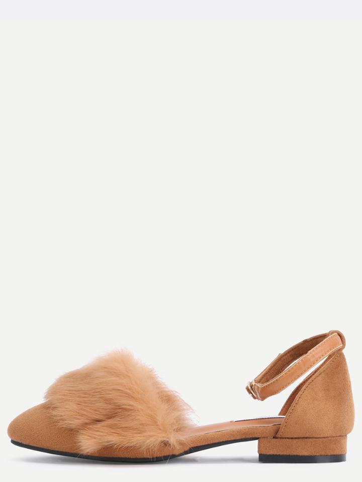Romwe Tan Faux Suede Ankle Strap Fur Trim Sandals