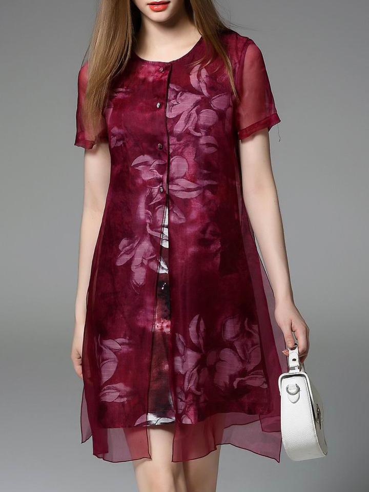 Romwe Burgundy Crew Neck Print Shift Dress