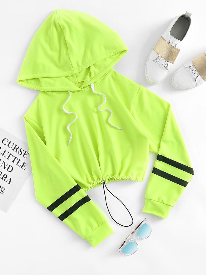 Romwe Varsity-striped Drawstring Hem Hoodie