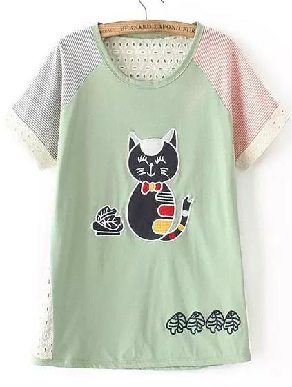Romwe Contrast Short Sleeve Cat Print Green T-shirt