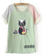 Romwe Contrast Short Sleeve Cat Print Green T-shirt