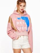 Romwe Pink Printed Hooded Drop Shoulder Contrast Velvet Crop Sweatshirt