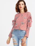Romwe Red Striped Crane Print Bow Embellished Blouse