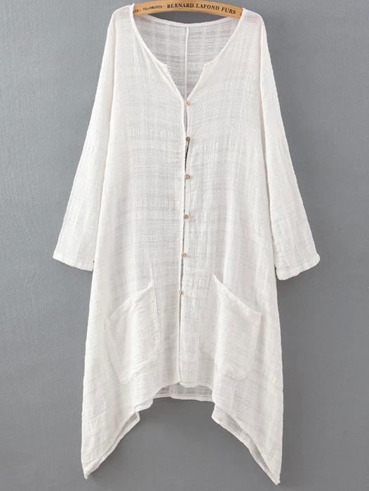 Romwe White Assymetrical Colarless Pocket Shirt Dress