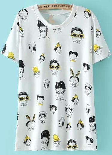 Romwe White Short Sleeve Cartoon Characters Print T-shirt