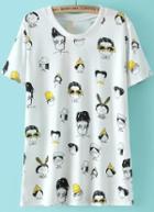 Romwe White Short Sleeve Cartoon Characters Print T-shirt