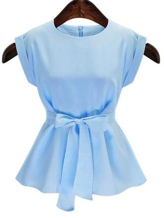 Romwe Blue Self Tie Roll Sleeve Top