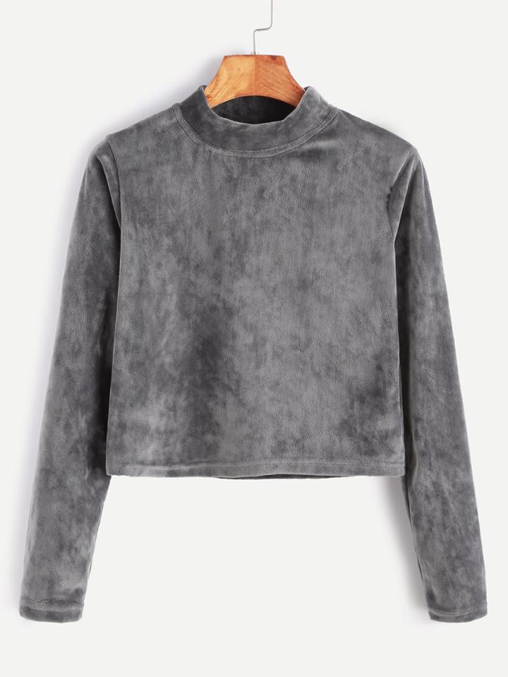 Romwe Grey Velvet High Neck Crop T-shirt