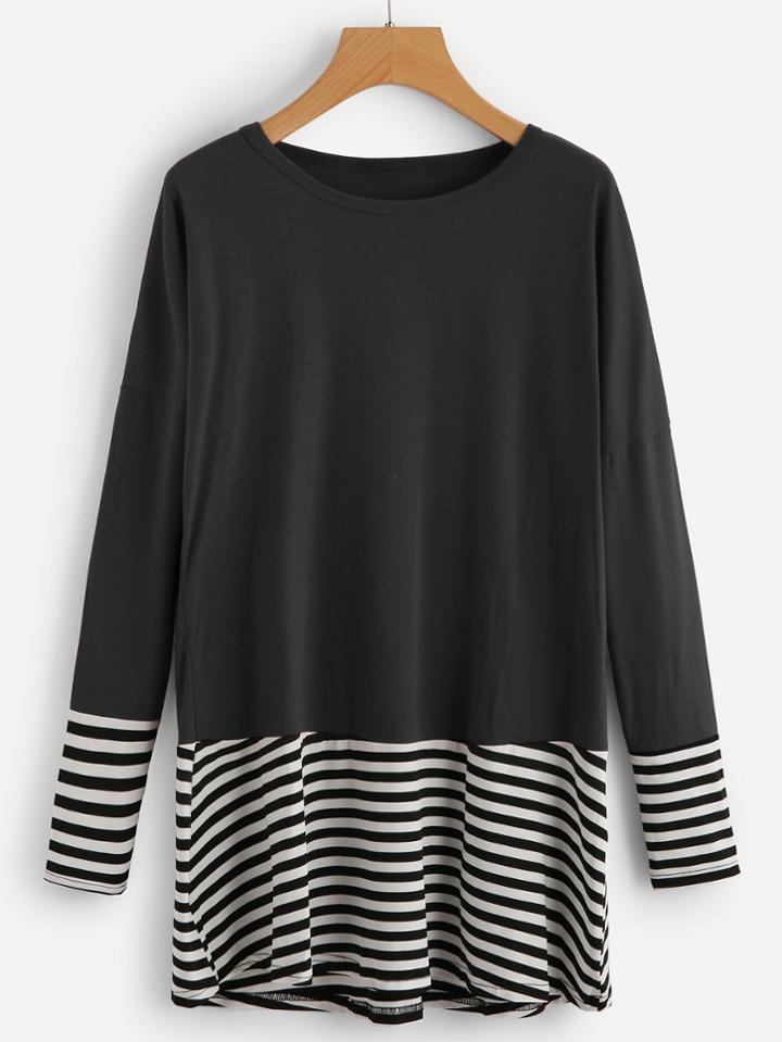 Romwe Contrast Striped Hem Tee Dress
