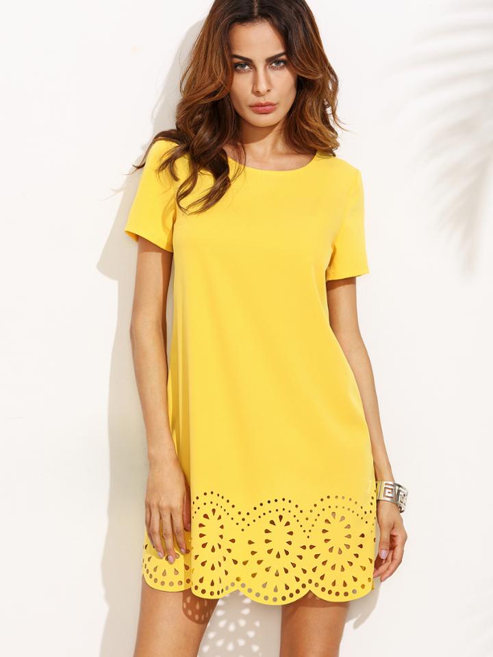 Romwe Yellow Short Sleeve Hollow Hem Shift Dress