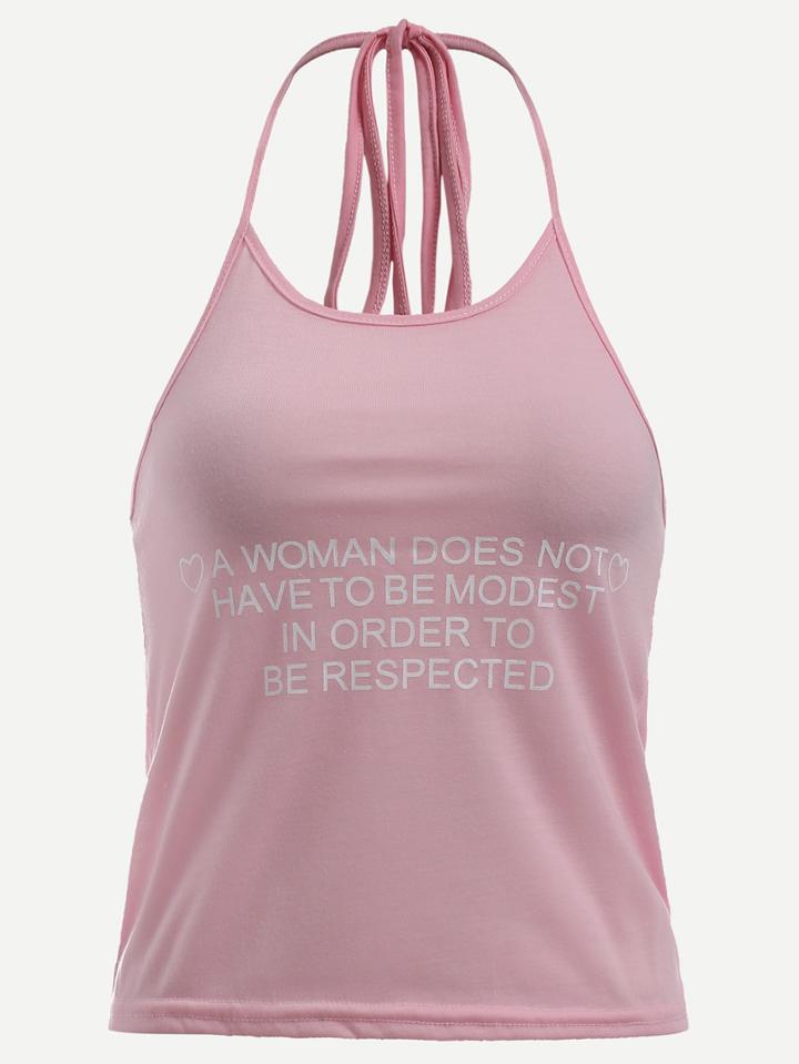 Romwe Pink Sentence Print Halter Neck Top
