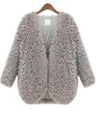 Romwe Grey V Neck Long Sleeve Faux Fur Coat