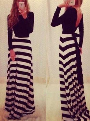 Romwe Striped Open Back Bow Maxi Dress