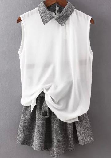 Romwe Contrast Collar Sleeveless Top With Belt Shorts