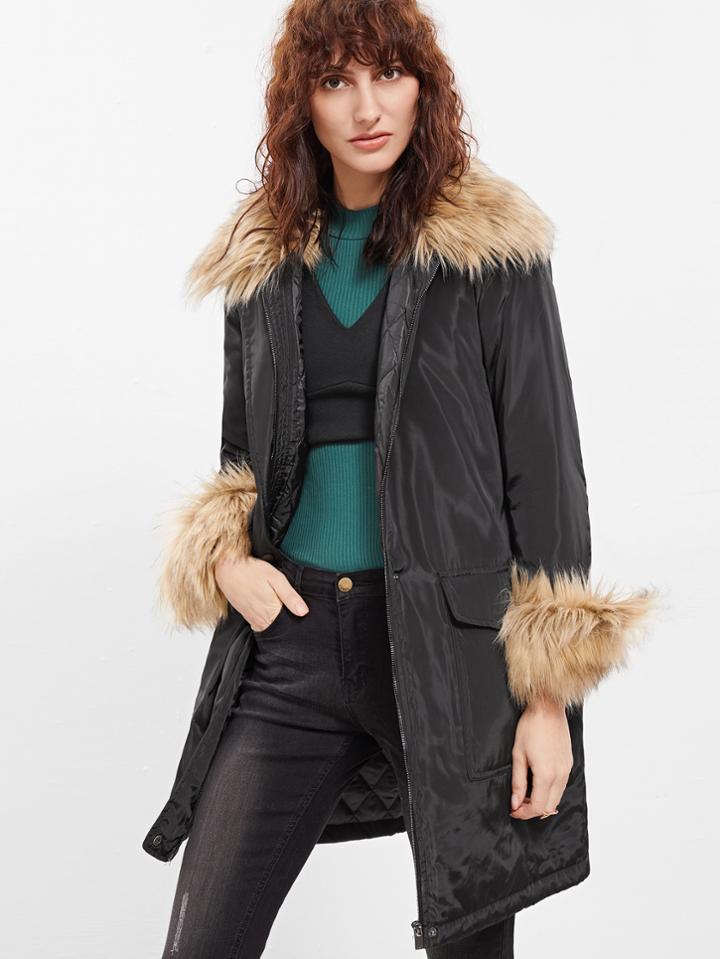 Romwe Black Faux Fur Trim Parka Coat