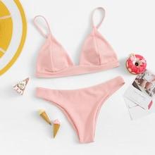Romwe Thin Straps Top With High Leg Bikini Set