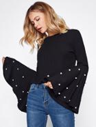 Romwe Pearl Beading Exaggerate Bell Sleeve Ribbed Tee