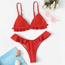 Romwe Frill Trim Triangle Top With High Cut Bikini Set