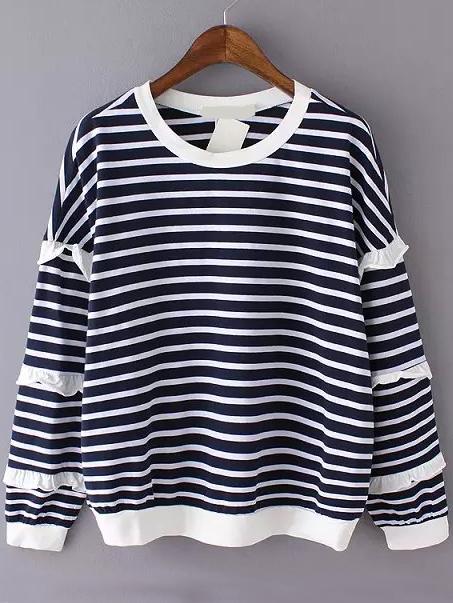 Romwe Round Neck Striped Ruffle Blue Top