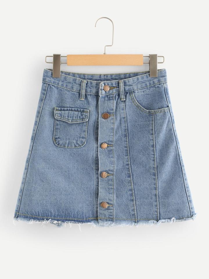 Romwe Button Front Raw Hem Denim Skirt