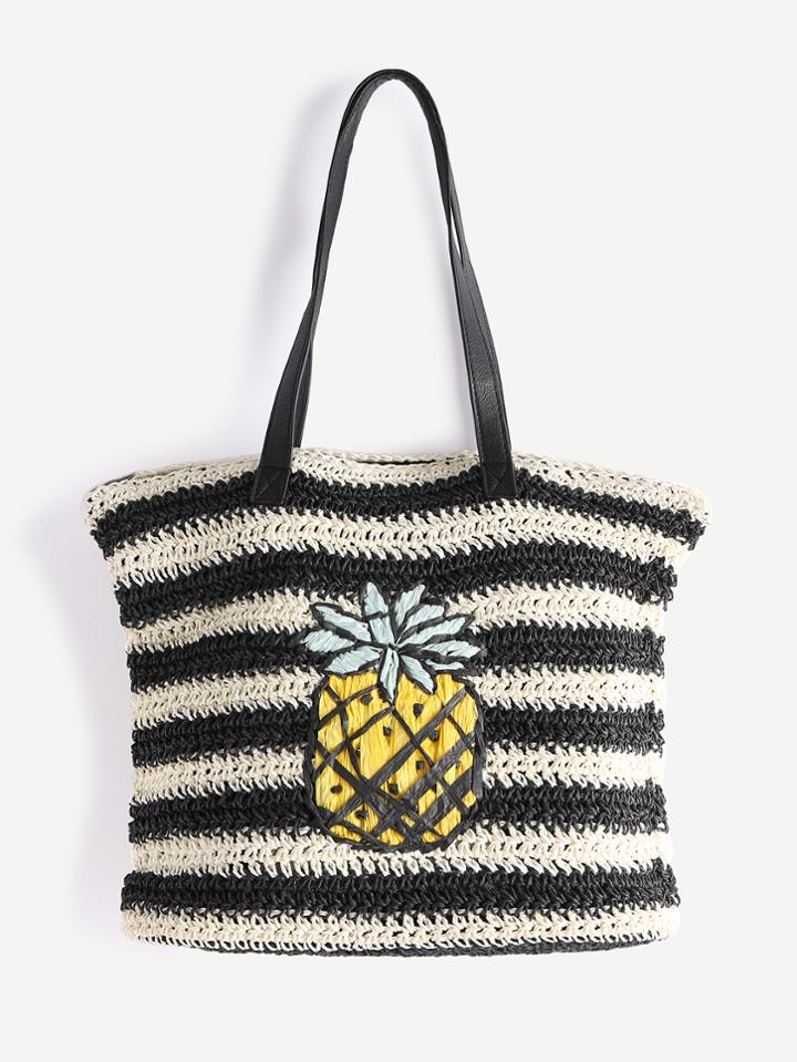Romwe Black And White Striped Pineapple Straw Tote Bag