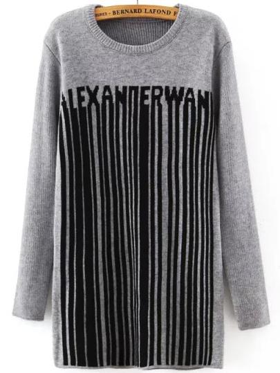 Romwe Letter Print Vertical Striped Grey Knitwear