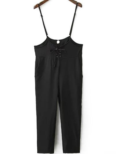 Romwe Spaghetti Strap Lace Up Chiffon Black Jumpsuit