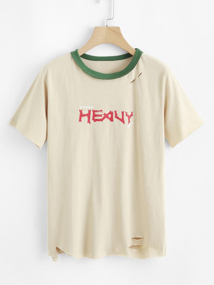 Romwe Letter Print Raw Edge Ripped Tee