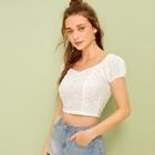 Romwe Embroidery Button Front Sweetheart Crop Top
