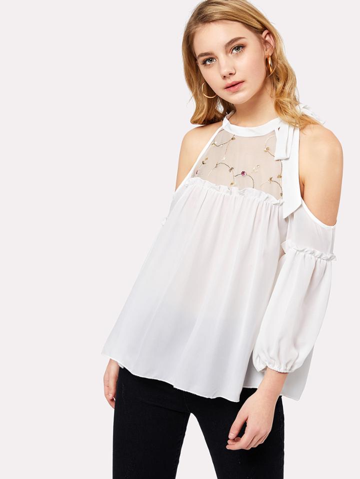 Romwe Embroidered Mesh Neck Open Shoulder Top