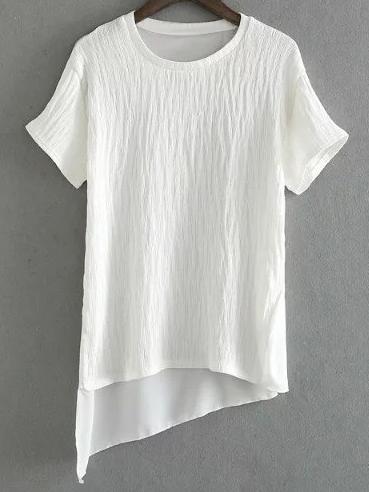 Romwe White Round Neck Asymmetrical Hem Short Sleeve Blouse