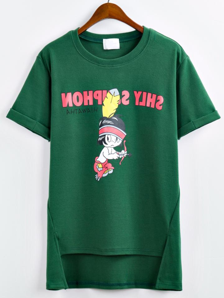 Romwe Dip Hem Cartoon Print Green T-shirt