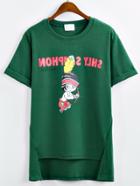 Romwe Dip Hem Cartoon Print Green T-shirt
