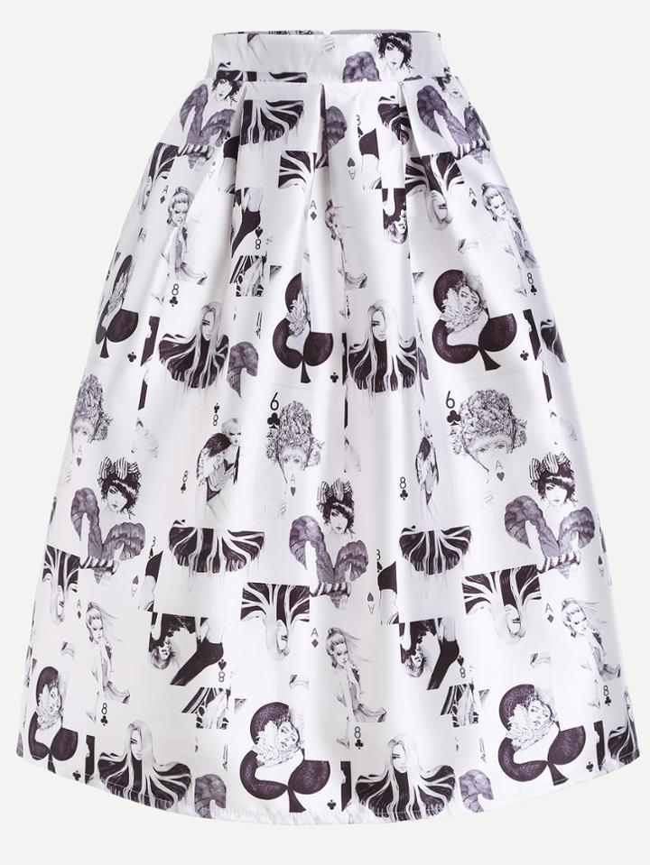 Romwe White Poker Print Box Pleated Skirt