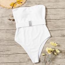 Romwe Rib Belted Bandeau One Piece Swimsuit