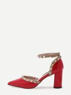 Romwe Red Pointed Out Studded Ankle Strap Pumps
