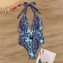 Romwe Plunging Neck Halter Snakeskin One Piece Swimsuit