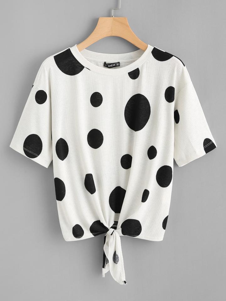 Romwe Knot Front Polka Dot Tee