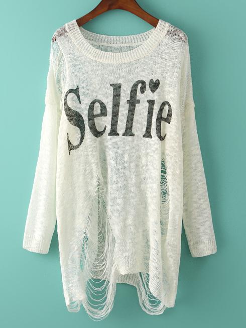 Romwe Letters Print Ripped Knit Sweater