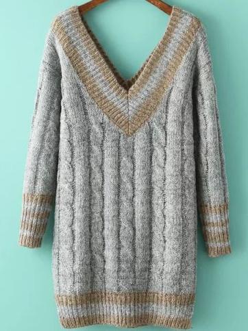 Romwe V Neck Cable Knit Slit Grey Sweater