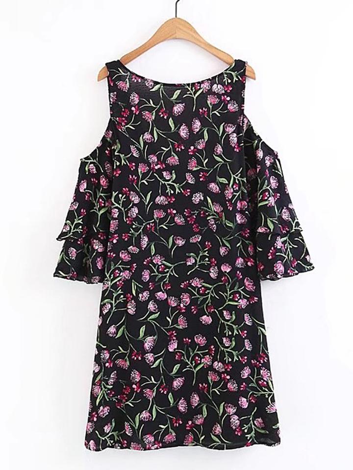 Romwe Open Shoulder Layered Sleeve Floral Dress