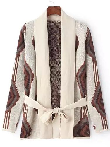 Romwe Khaki Apricot Geometric Print Tie-waist Cardigan