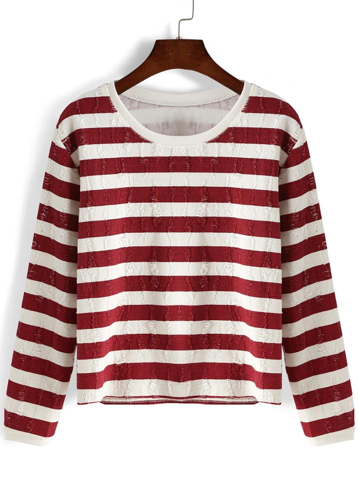 Romwe Long Sleeve Striped Scratch T-shirt