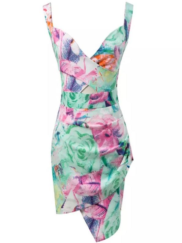 Romwe Deep V Neck Backless Florals Asymmetrical Dress