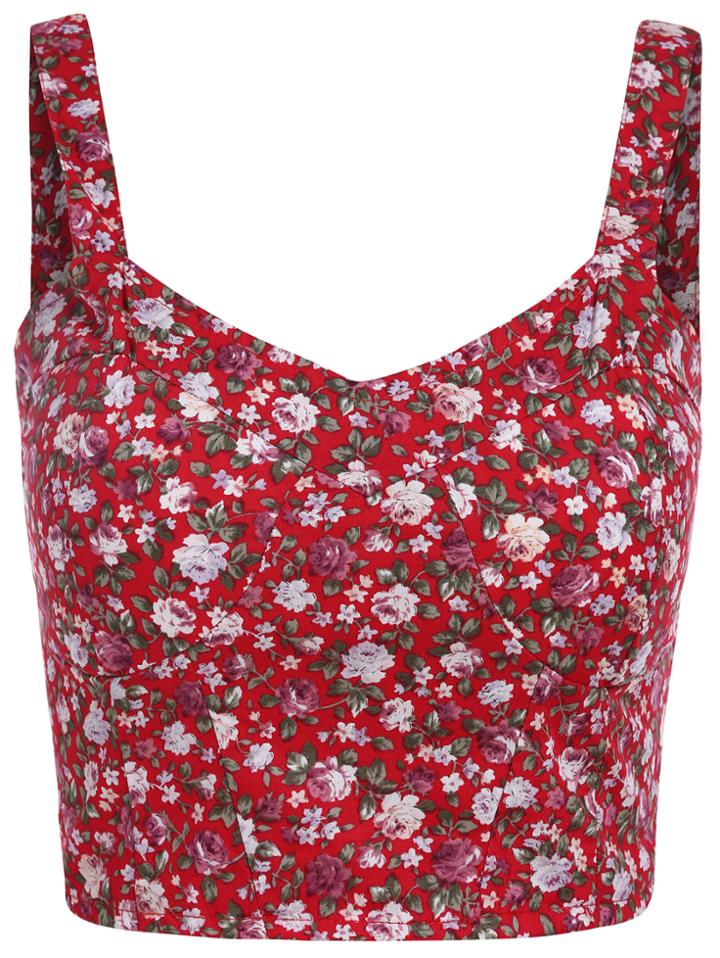 Romwe Spaghetti Strap Flower Print Red Cami Top
