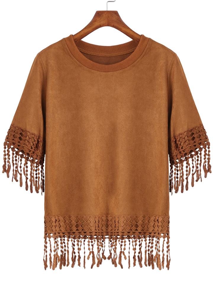 Romwe Round Neck Tassel Khaki T-shirt